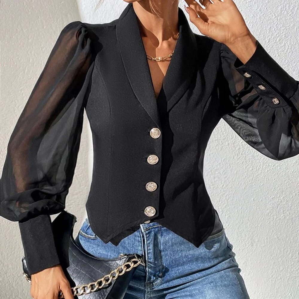 Black Boho Womens Contrast Mesh Bishop Sleeve Shawl Collar Blazer - Picture 2 of 6